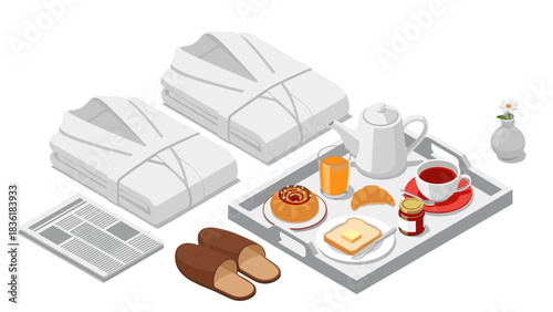 Cozy morning breakfast in bed with tea, pastries, and fresh juice in isometric style