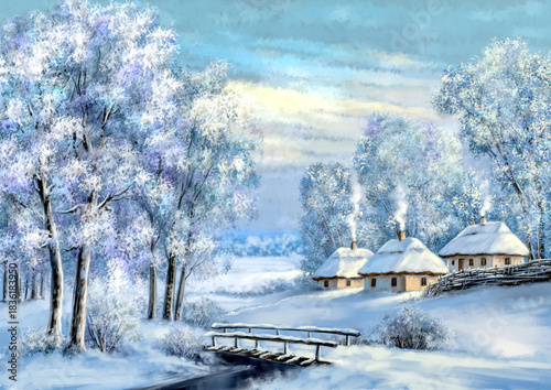 Traditional Eastern European Huts in a Snow-Covered Field. Snowy Ukrainian Village Scene. Icy Frost on Trees in a Rural Winter Setting