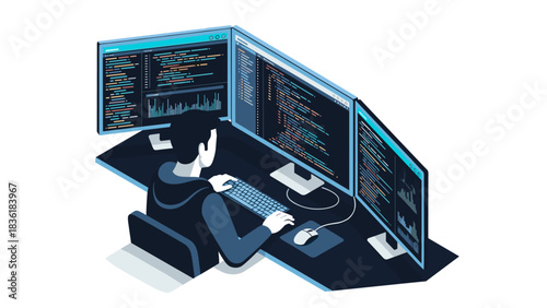 Software developer working on multiple monitors in modern workspace