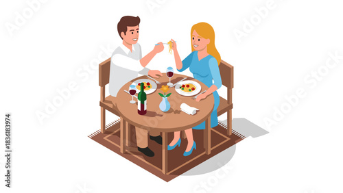 Romantic dinner date isometric scene with couple enjoying a meal