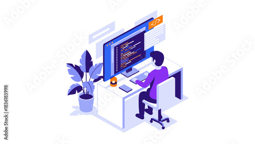 Isometric office workspace with programmer coding on computer