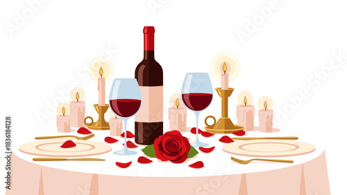 Romantic candlelit dinner setting with wine and roses