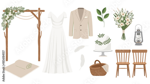 Rustic wedding elements set with dress, arch, decor, and accessories