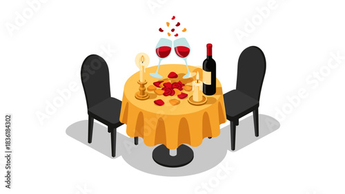 Romantic dinner setup with wine and candles on a table with rose petals