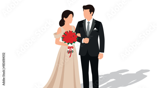 Elegant couples wedding portrait with classic formal attire and rose bouquet