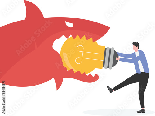 vector illustration of big shark going to eat businessman who is standing on money
