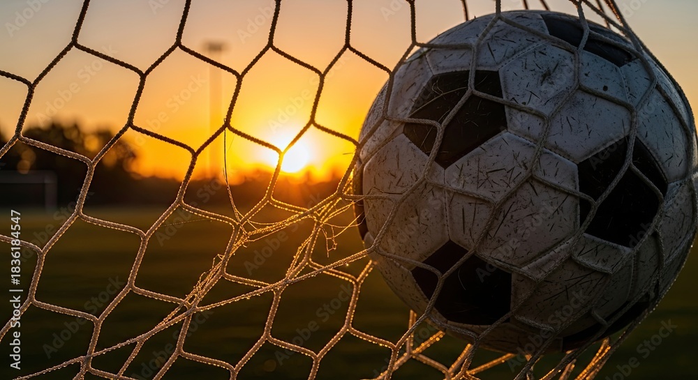 Naklejka premium Classic soccer ball nestled in the goal net with a breathtaking golden sunset illuminating the sports field during the magic hour