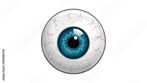 Realistic eyeball illustration with blue iris and detailed veins on white background