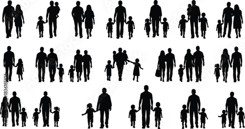 Family silhouettes walking together with parents and children, vector illustration for parenting, unity, love, care, and lifestyle design projects