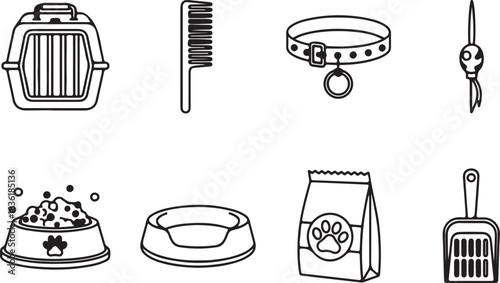 Set of black and white line art icons representing various pet care supplies and accessories for cats or dogs