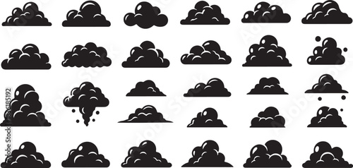 Collection of black silhouette icons representing different shapes of dense, ominous cumulonimbus or storm clouds
