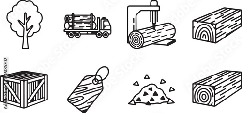 Black and white icon set representing the wood industry process from tree to lumber product