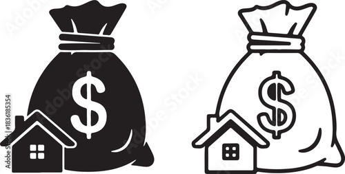 Set of two icons representing real estate investment and mortgage concept with money bag and house symbol in solid and outline style