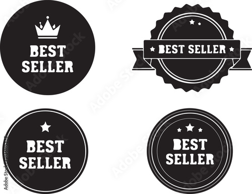 Set of four black and white best seller badges, seals, and labels with crown and star elements