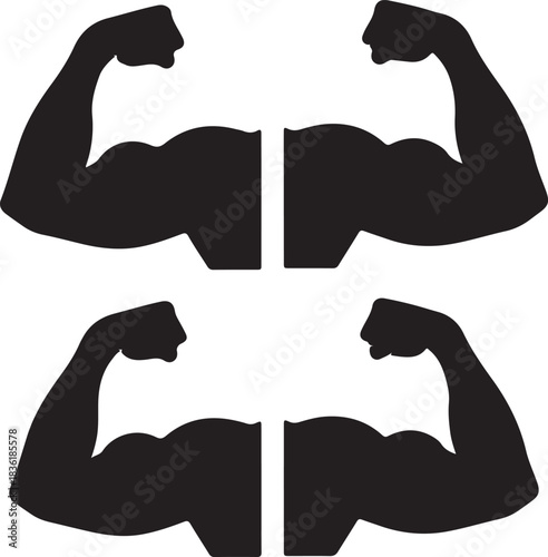 Four black silhouette icons of flexed biceps arms showing muscle strength and bodybuilding concept