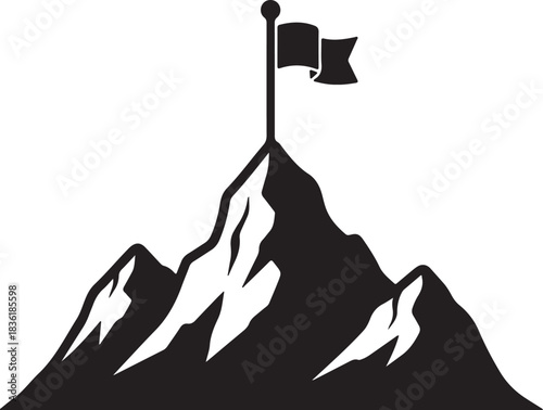 Black and white silhouette icon of a flag planted on the peak of a mountain representing success, achievement, goal, and victory