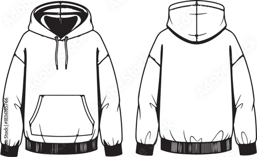 Black and white technical drawing or flat sketch of a pullover hoodie sweatshirt with a front kangaroo pocket