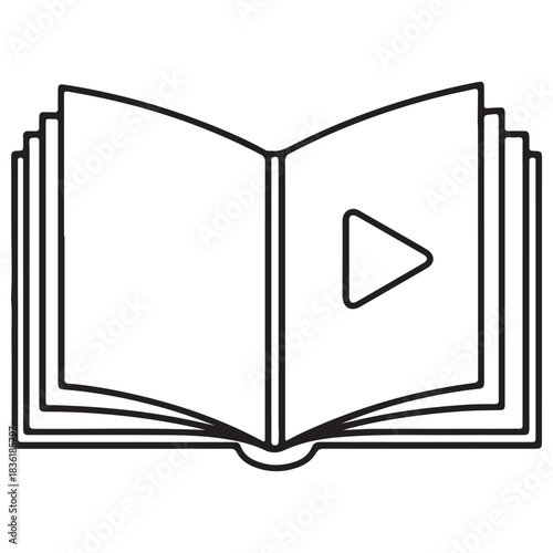 Clean Outline Open Book Featuring Play Symbol on White Background