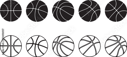Set of ten black and white basketball icons showing different line patterns and styles