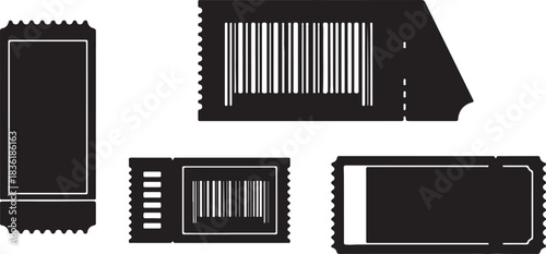 Collection of black silhouette ticket and coupon icons with barcode and perforation detail