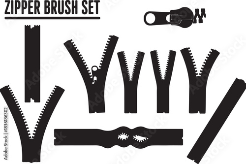Collection of black silhouette zipper brush set elements showing various open and closed zipper teeth and slider parts