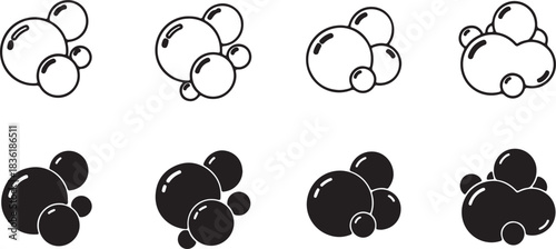 Set of eight soap bubble icons in outline and solid black styles