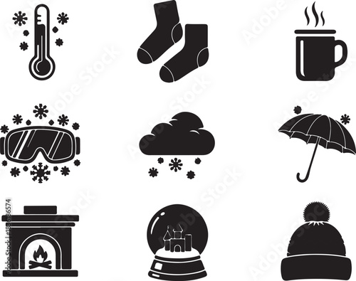 Collection of black and white winter and cold weather icons including thermometer, socks, hot drink, goggles, snow cloud, umbrella, fireplace, snow globe, and hat