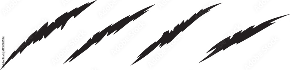Obraz premium Four black rough claw scratch marks, symbolizing animal attack or danger in a graphic design element