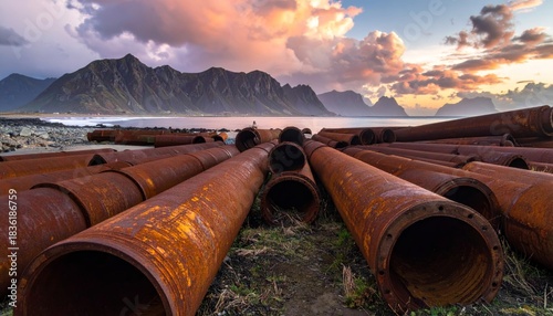 Wallpaper Mural Rusty pipes lay by the shore with mountains and clouds visible at sunset along the coastline Torontodigital.ca