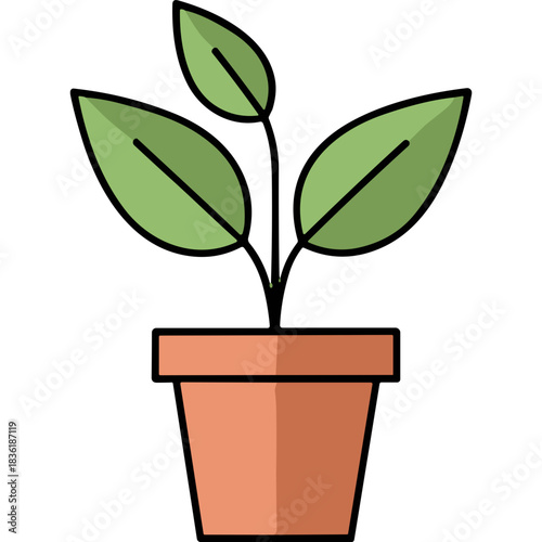 Simple Terracotta Pot With Three Green Leaves Growing Upward In A Clean Minimalist Design With Soft Shadows