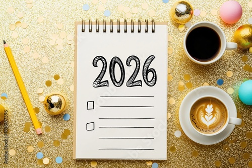 Notebook displaying 2026 and checklist lines, symbolizing new beginnings, goals, and future planning with festive decor and coffee
