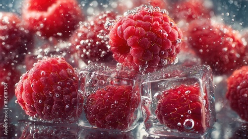 Macro shot of fresh raspberries and ice cubes submerged in sparkling water, detailed bubbles clinging to surfaces, vibrant red and clear textures, refreshing summer vibe, crisp highlights