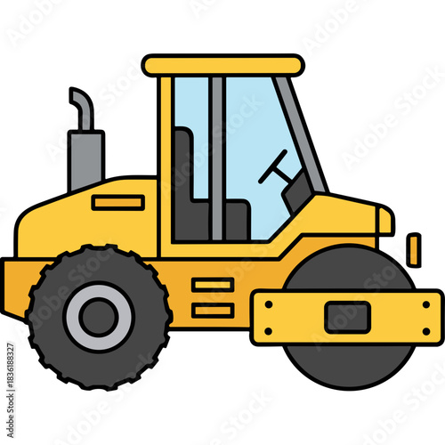 Yellow Steamroller Heavy Construction Vehicle Machinery with Large Wheels and Cab on a Black Background
