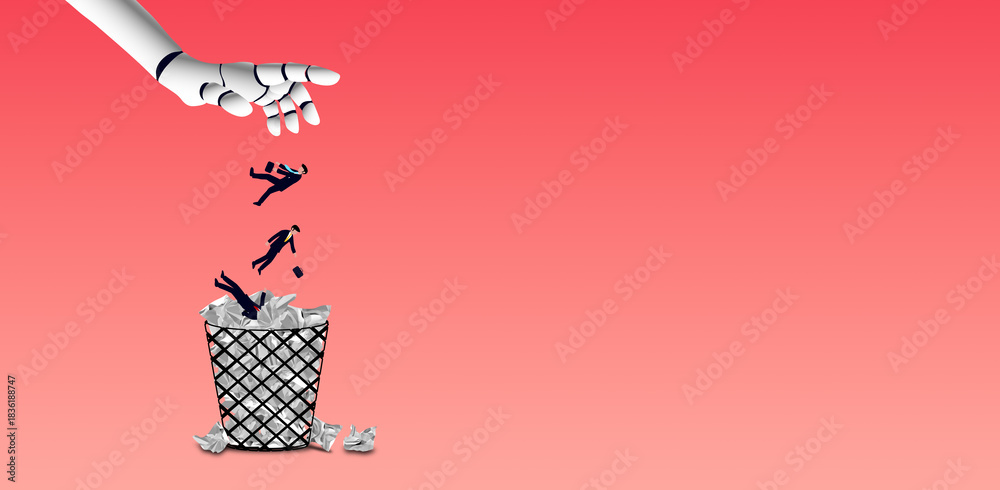 Ταπετσαρία A robotic hand dropping businesspeople into a trash bin, symbolizing AI disruption, job displacement, automation risks, and the shifting future of work in an increasingly technology-driven world