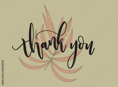 Thank you calligraphy lettering overlaying a stylized pastel pink palm leaf, elegant design expressing gratitude