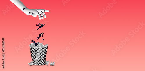 A robotic hand dropping businesspeople into a trash bin, symbolizing AI disruption, job displacement, automation risks, and the shifting future of work in an increasingly technology-driven world.