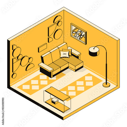 Interior design of a modern living room with a sofa. Cozy room, home, hotel, flat, house, loft, hostel. Apartment template for design studio, architectural business. Vector isometric illustration