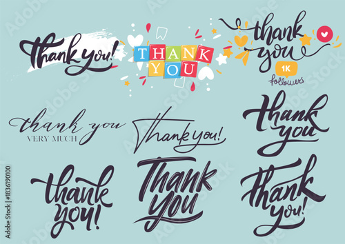 Thank you vector typography set, featuring various hand-drawn lettering styles to express appreciation and gratitude
