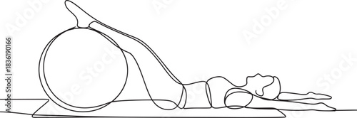 Continuous line drawing of a person using a stability ball for exercise.