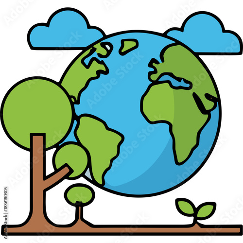 Stylized Cartoon Earth with Green Continents Blue Oceans Under Light Blue Clouds Beside Brown Tree and Small Green Sprouts on Brown Ground Representing Nature and Growth