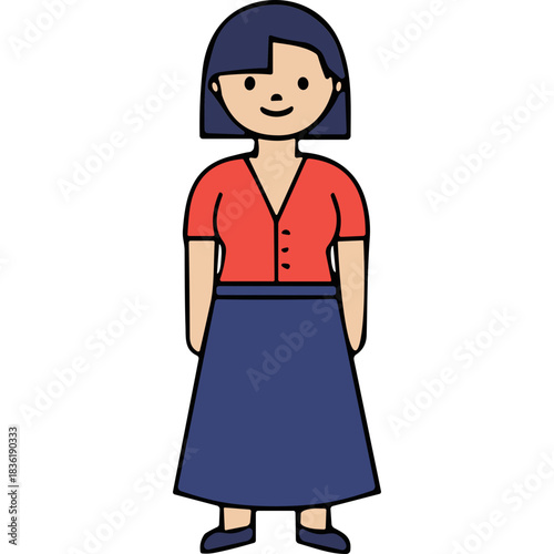 Stylized Cartoon Woman With Short Dark Hair Smiling Wearing A Red V Neck Top And A Blue Maxi Skirt Standing Against A Black Background Simple Flat Design
