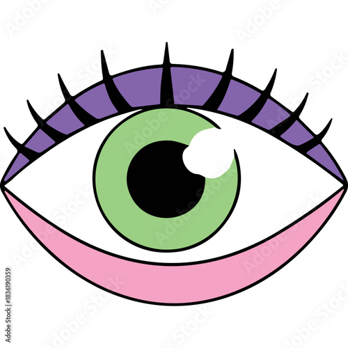 Stylized Eye Illustration With Purple Eyelid Green Iris And Pink Lower Lid On Black Background