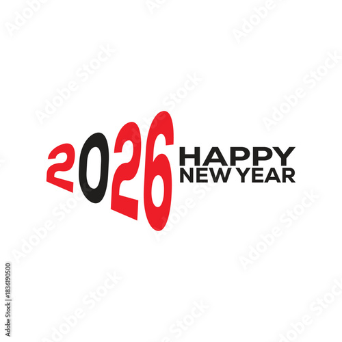 2026 Happy New Year Perspective Typography Design. Dynamic 3D Effect Abstract Black and Red Vector Graphic Template.