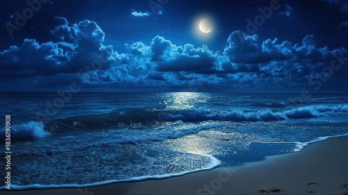 Ocean Waves Under Moonlight Blue Night Sky with Starry Clouds