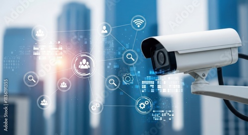 Security camera monitors digital network connections over a city background.