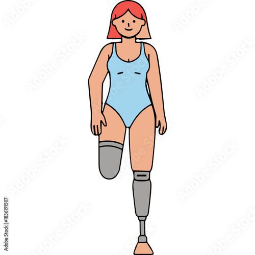 Young Woman With Red Hair Wearing A Blue Swimsuit And Prosthetic Legs Standing With A Slight Bend In Her Knees And A Smile On Her Face Against A Black Background