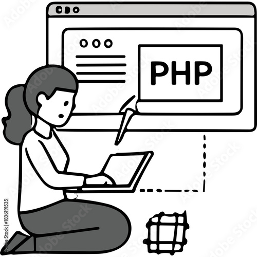 Young Woman Sitting Cross Legged Typing On Laptop With PHP Code Displayed On A Large Computer Screen In A Simple Black And White Illustration