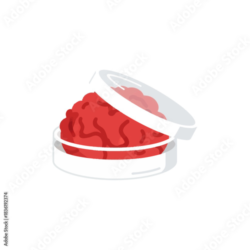 Innovative brain research concept with a vibrant red human brain specimen in a clear laboratory petri dish, symbolizing scientific discovery and medical breakthroughs.