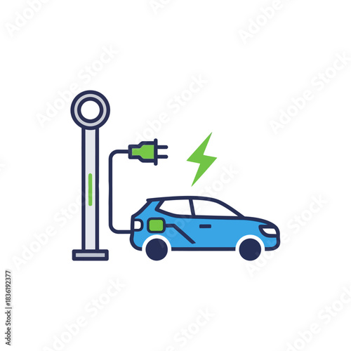 Sustainable electric car charging at modern station symbolizing clean energy future and eco friendly transportation powering up for a greener planet