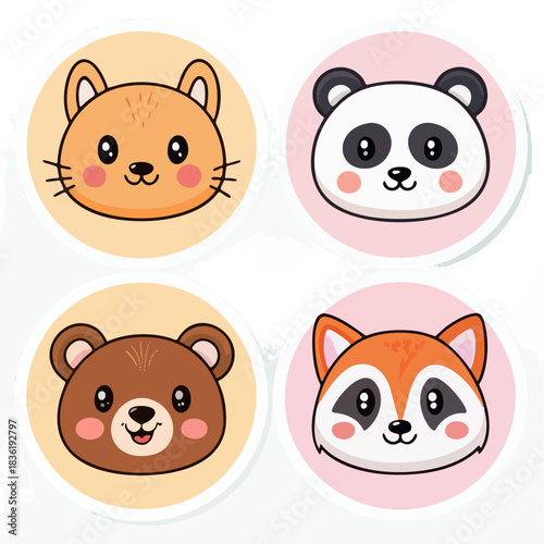 Cute cartoon animal faces vector set panda, bear, fox, and raccoon in circular frames. Adorable illustrations for children's designs and playful graphics